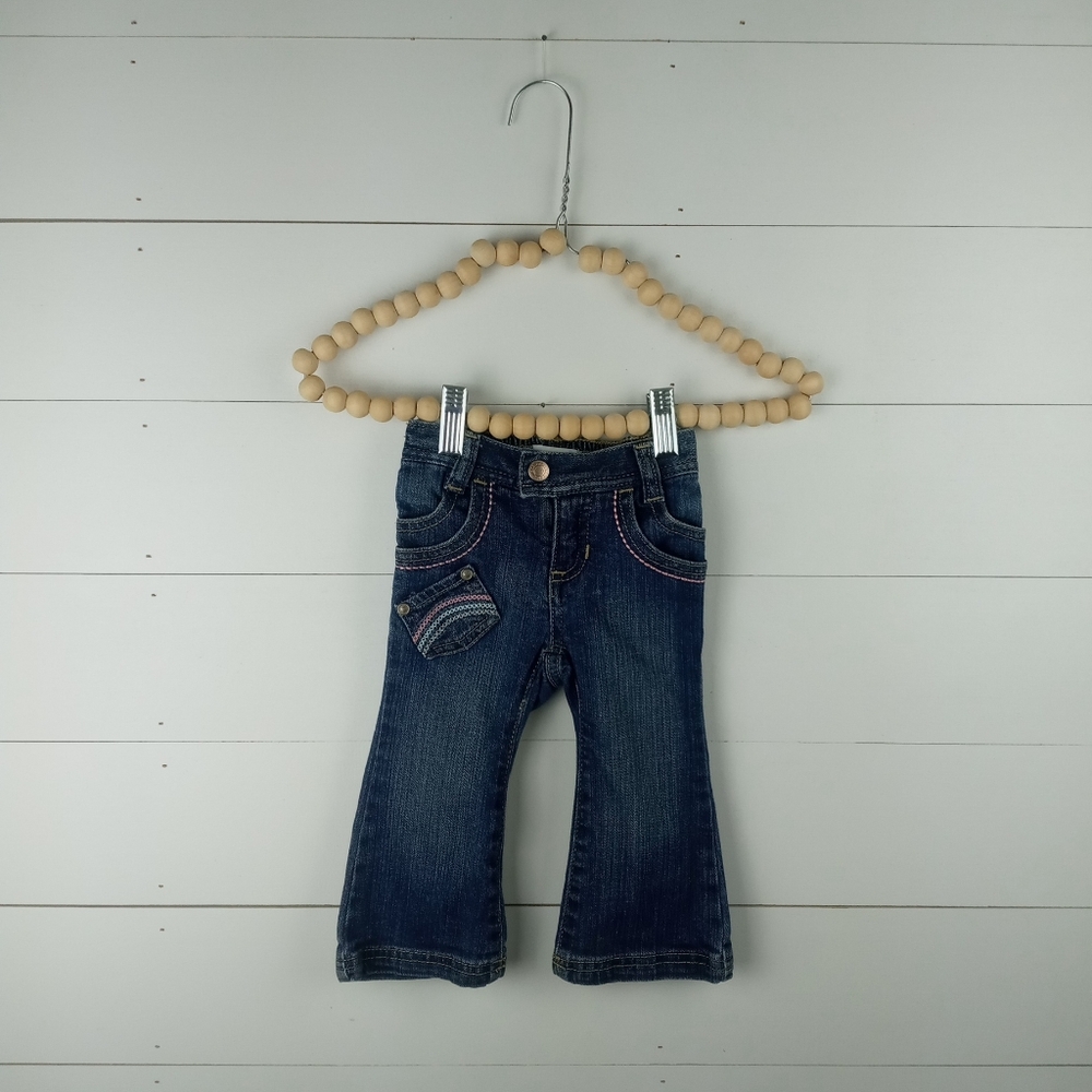 Old Navy girls size 12-18 dark wash bell bottom embroidery design jeans